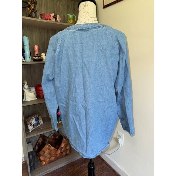 Lajate Denim & Plaid Flannel Button Down Shirt Shacket Womens Large 80s Vintage - Picture 4 of 9